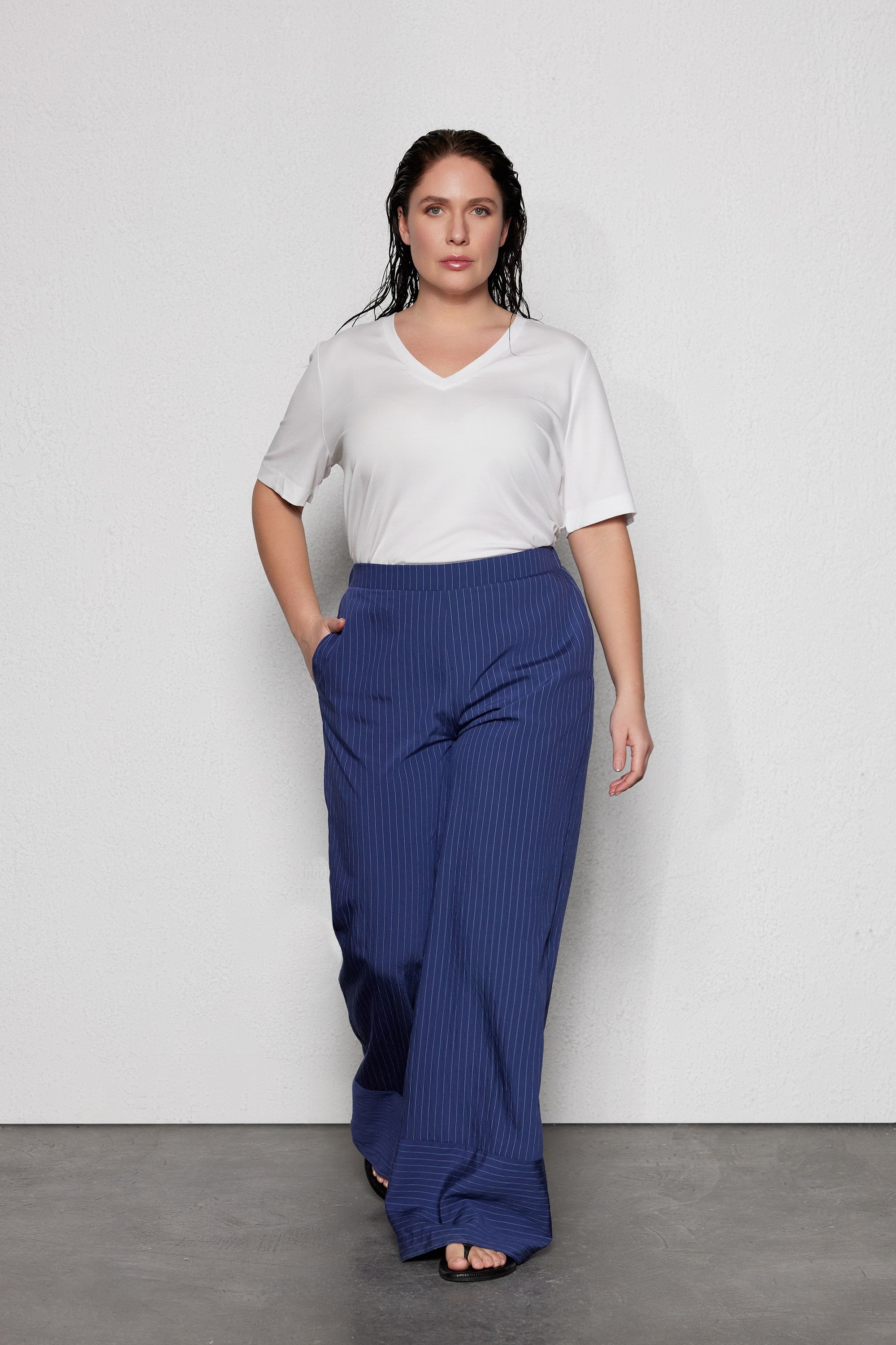 LOIK Plus Size Wide Leg Striped Pants