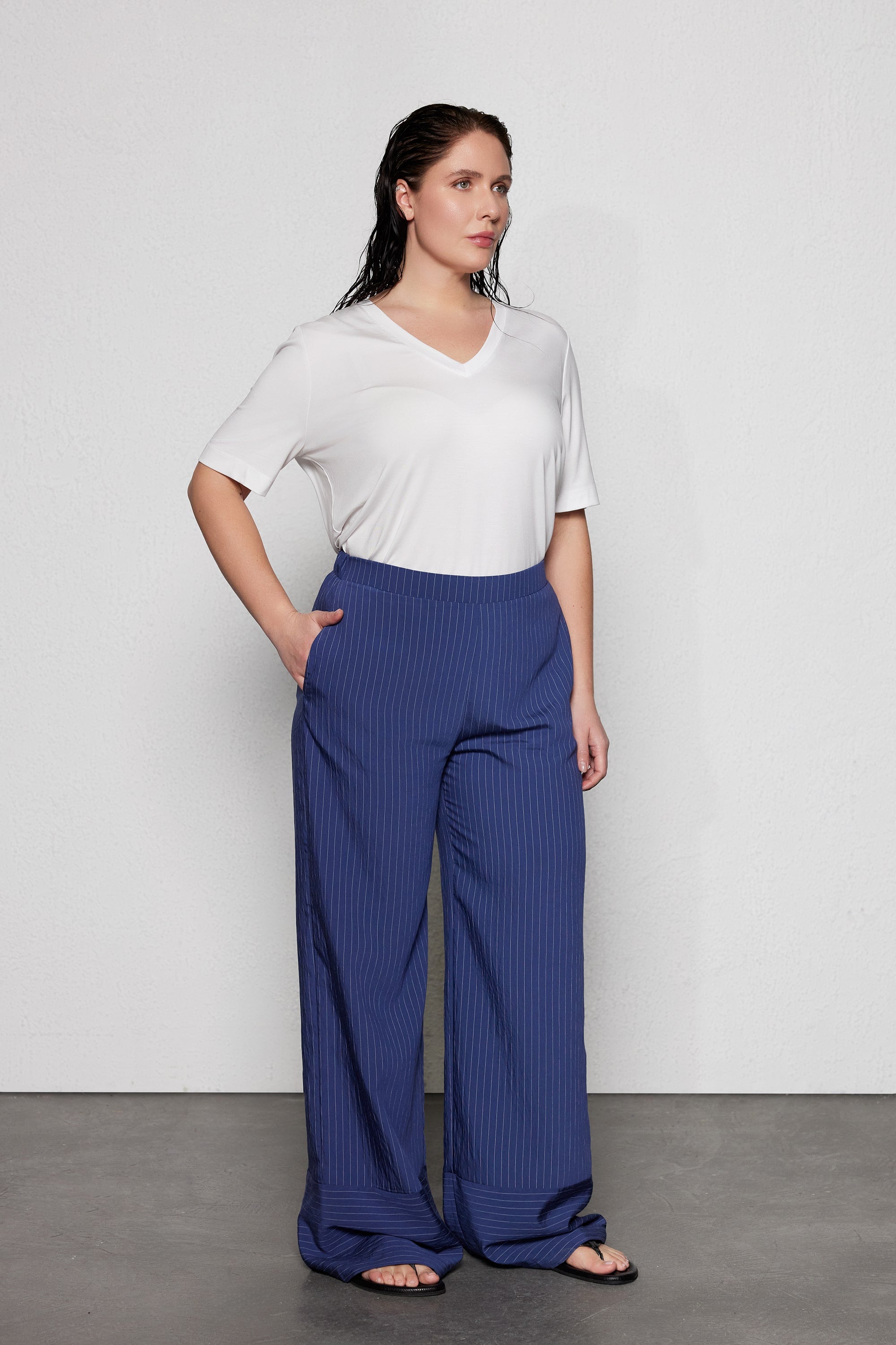 LOIK Plus Size Wide Leg Striped Pants
