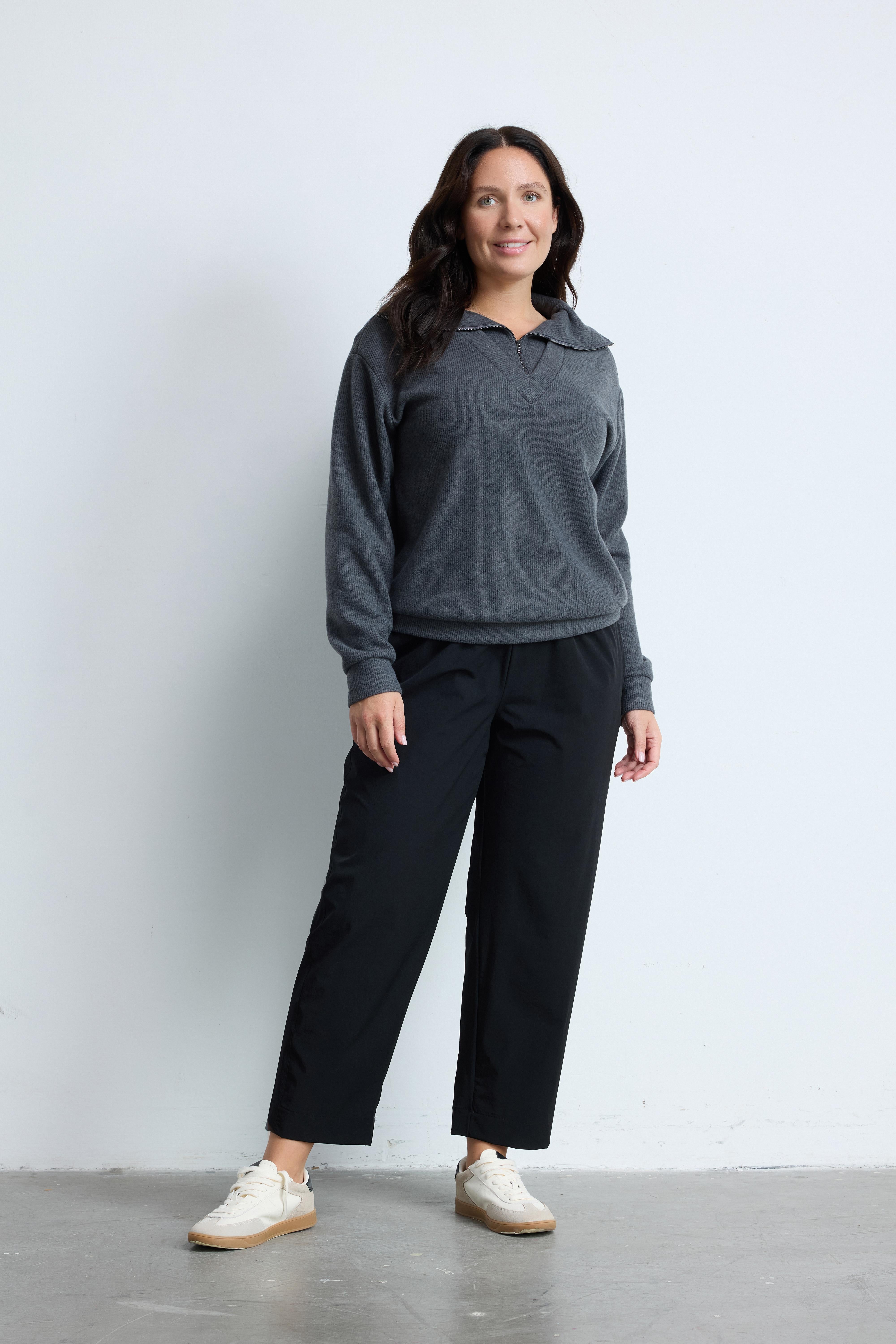 LOYD Dik Yaka Fermuarlı Uzun Kollu Büyük Beden Kazak Gri-Melanj | Luokk