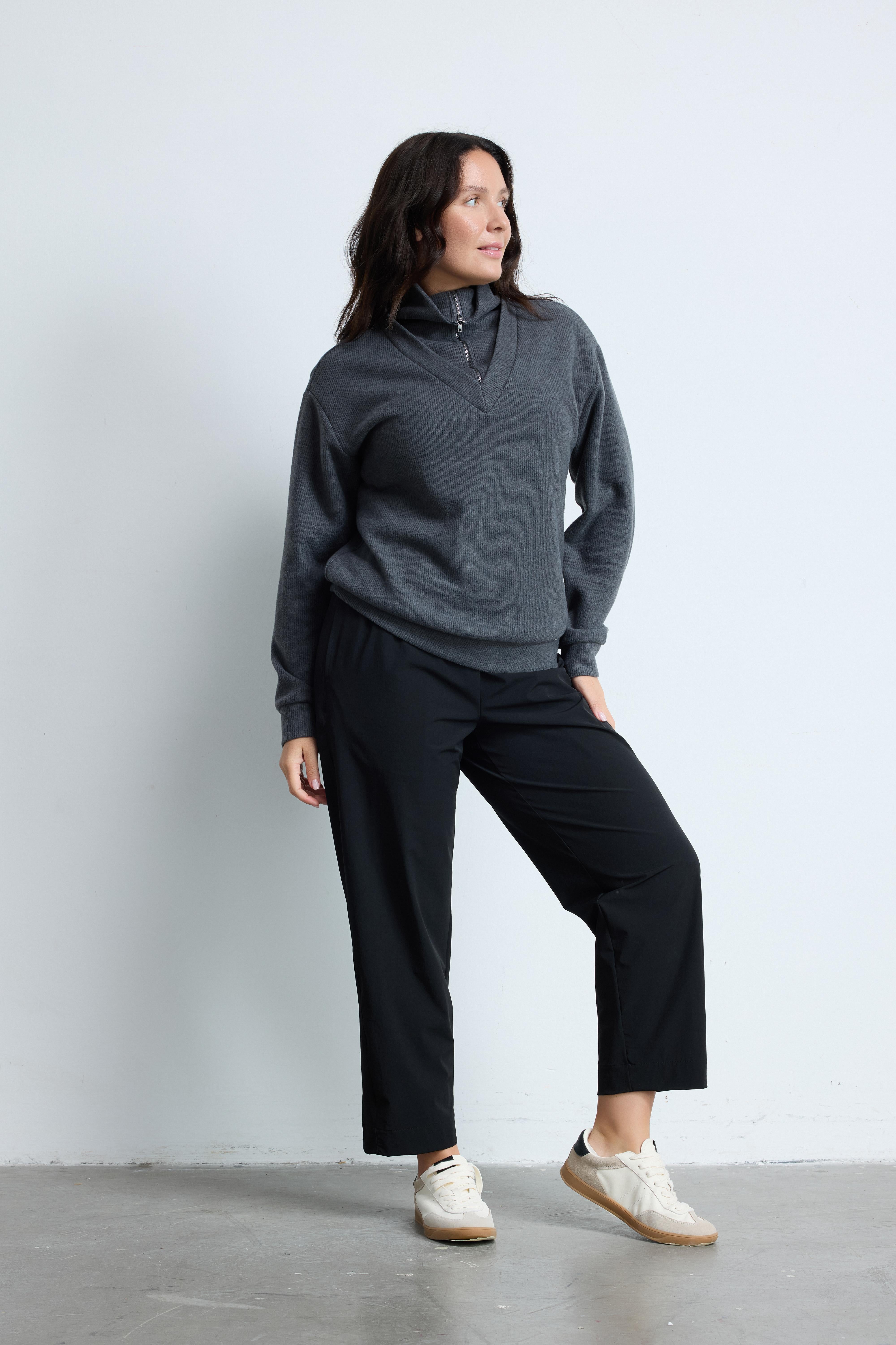 LOYD Dik Yaka Fermuarlı Uzun Kollu Büyük Beden Kazak Gri-Melanj | Luokk