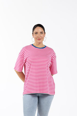 MILA Bisiklet Yaka %100 Pamuk Oversize Büyük Beden Çizgili T-shirt Pembe | Luokk