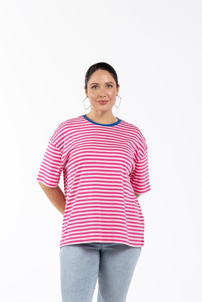 MILA Bisiklet Yaka %100 Pamuk Oversize Büyük Beden Çizgili T-shirt Pembe | Luokk