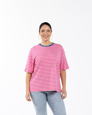 MILA Bisiklet Yaka %100 Pamuk Oversize Büyük Beden Çizgili T-shirt Pembe | Luokk
