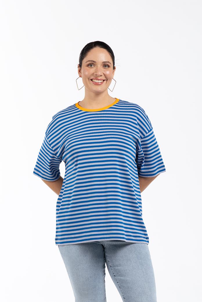 MILA Bisiklet Yaka %100 Pamuk Oversize Büyük Beden Çizgili T-shirt Sax | Luokk