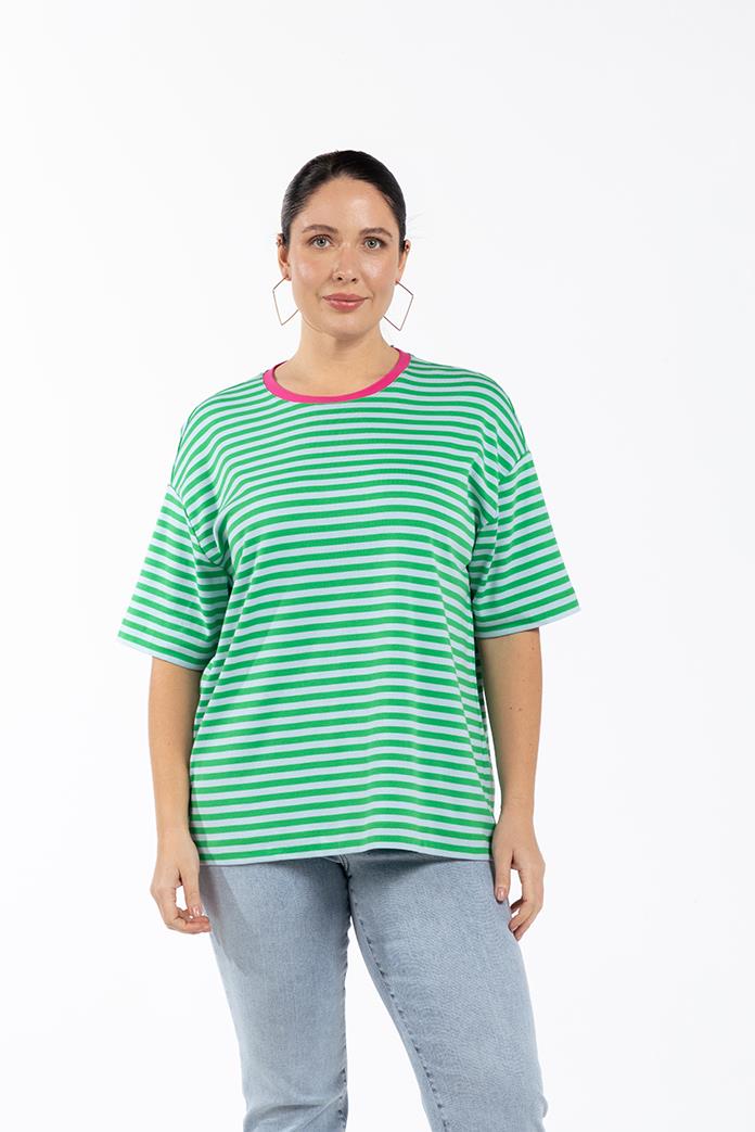 MILA Bisiklet Yaka %100 Pamuk Oversize Büyük Beden Çizgili T-shirt Yeşil | Luokk