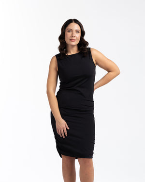 MINDY Bisiklet Yaka Büzgü Detaylı Toparlayıcı Büyük Beden Midi Boy Elbise Siyah | Luokk