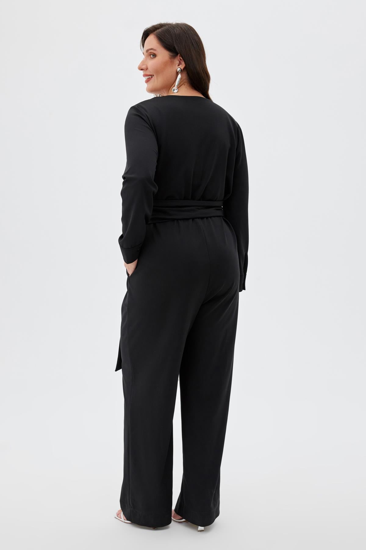 MONTANA Kuşak Detaylı Uzun Kollu Büyük Beden Kruvaze Tulum Siyah | Luokk