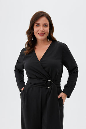 MONTANA Kuşak Detaylı Uzun Kollu Büyük Beden Kruvaze Tulum Siyah | Luokk