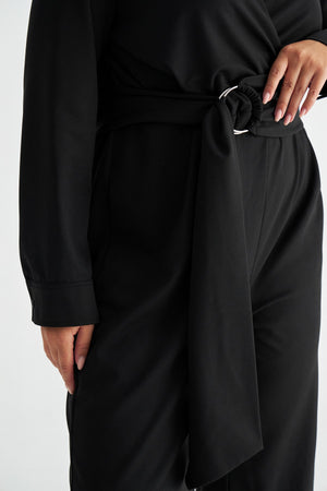 MONTANA Kuşak Detaylı Uzun Kollu Büyük Beden Kruvaze Tulum Siyah | Luokk