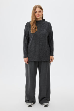 MORENA Dik Yaka Yırtmaç Detaylı Büyük Beden Kazak Gri-Melanj | Luokk