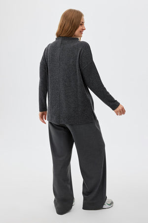 MORENA Dik Yaka Yırtmaç Detaylı Büyük Beden Kazak Gri-Melanj | Luokk