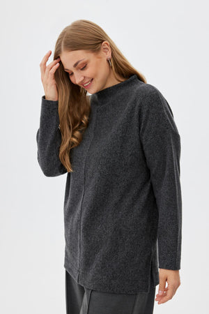 MORENA Dik Yaka Yırtmaç Detaylı Büyük Beden Kazak Gri-Melanj | Luokk