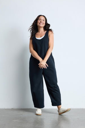 MORGANE Bisiklet Yaka %100 Pamuk Büyük Beden Askılı Tulum Siyah | Luokk