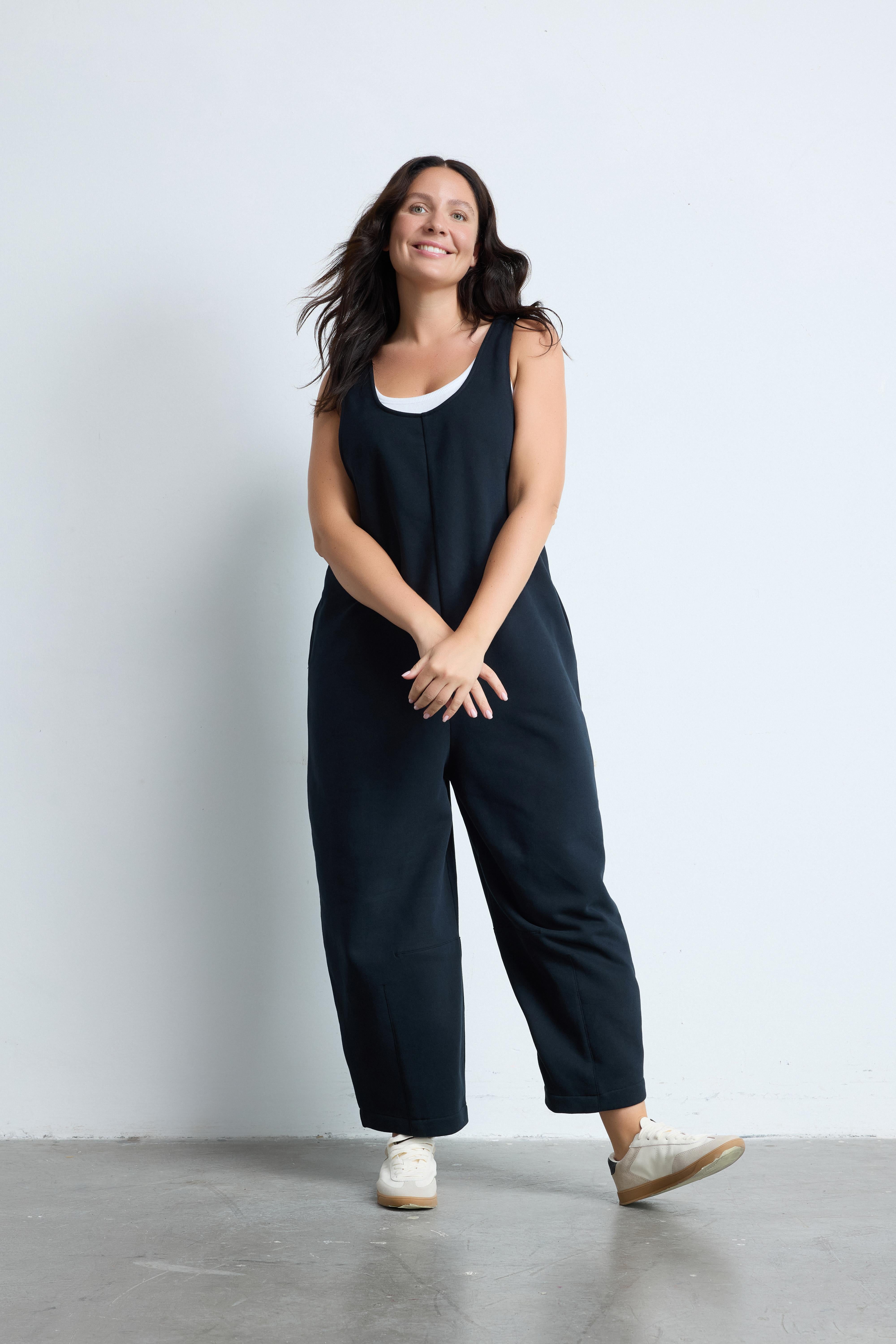 MORGANE Bisiklet Yaka %100 Pamuk Büyük Beden Askılı Tulum Siyah | Luokk