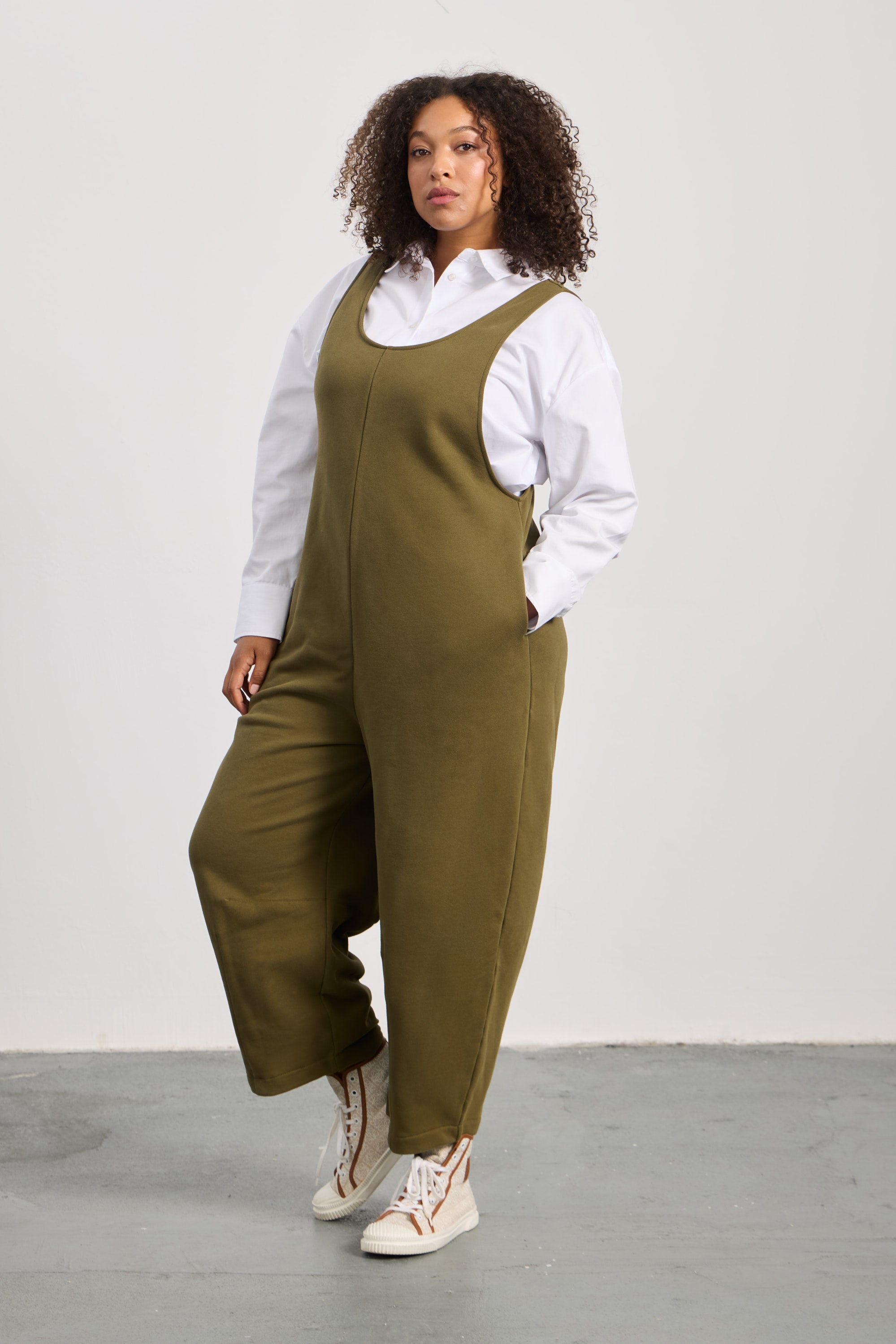 MORGANE Bisiklet Yaka %100 Pamuk Büyük Beden Askılı Tulum Haki