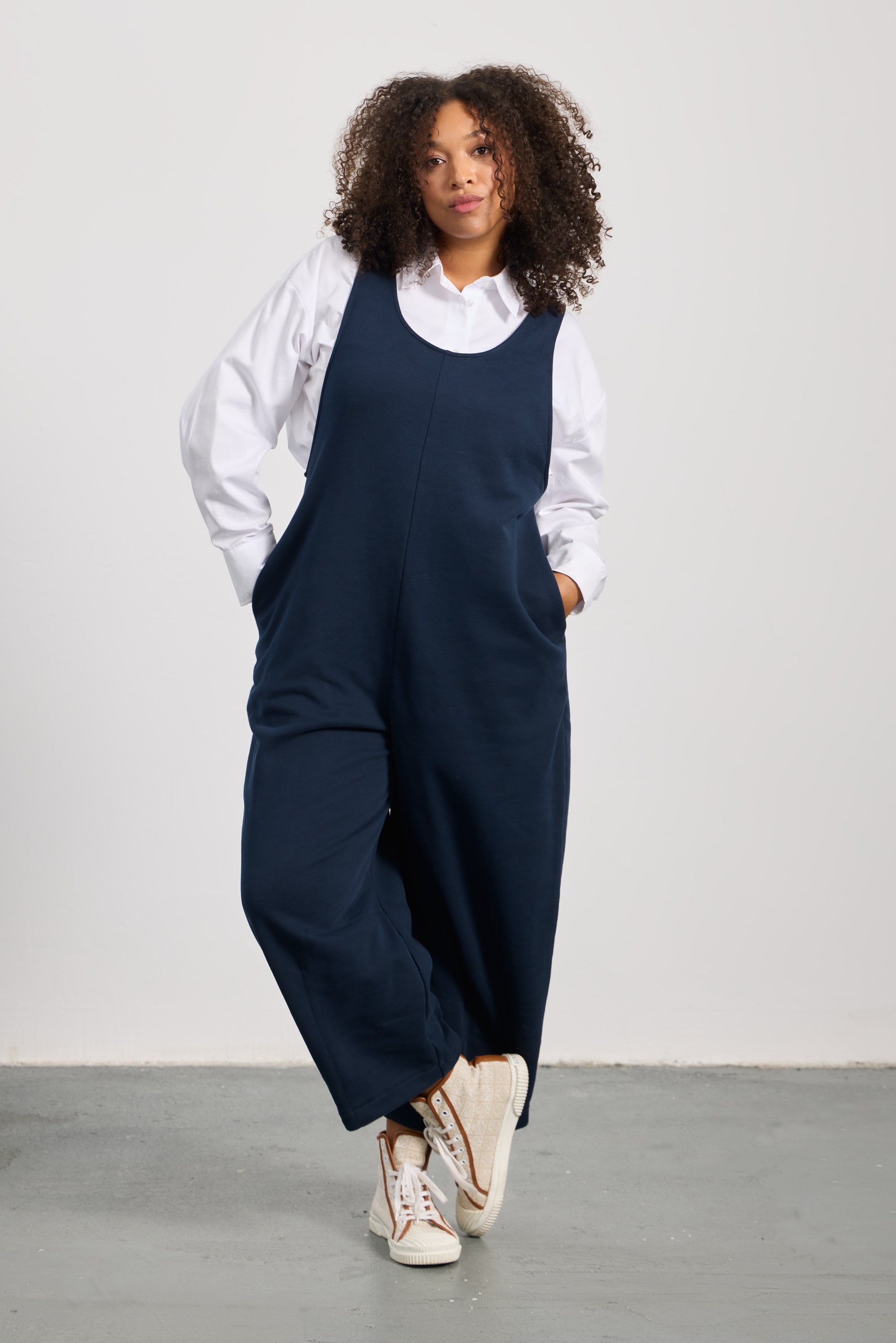 MORGANE Bisiklet Yaka %100 Pamuk Büyük Beden Askılı Tulum Lacivert