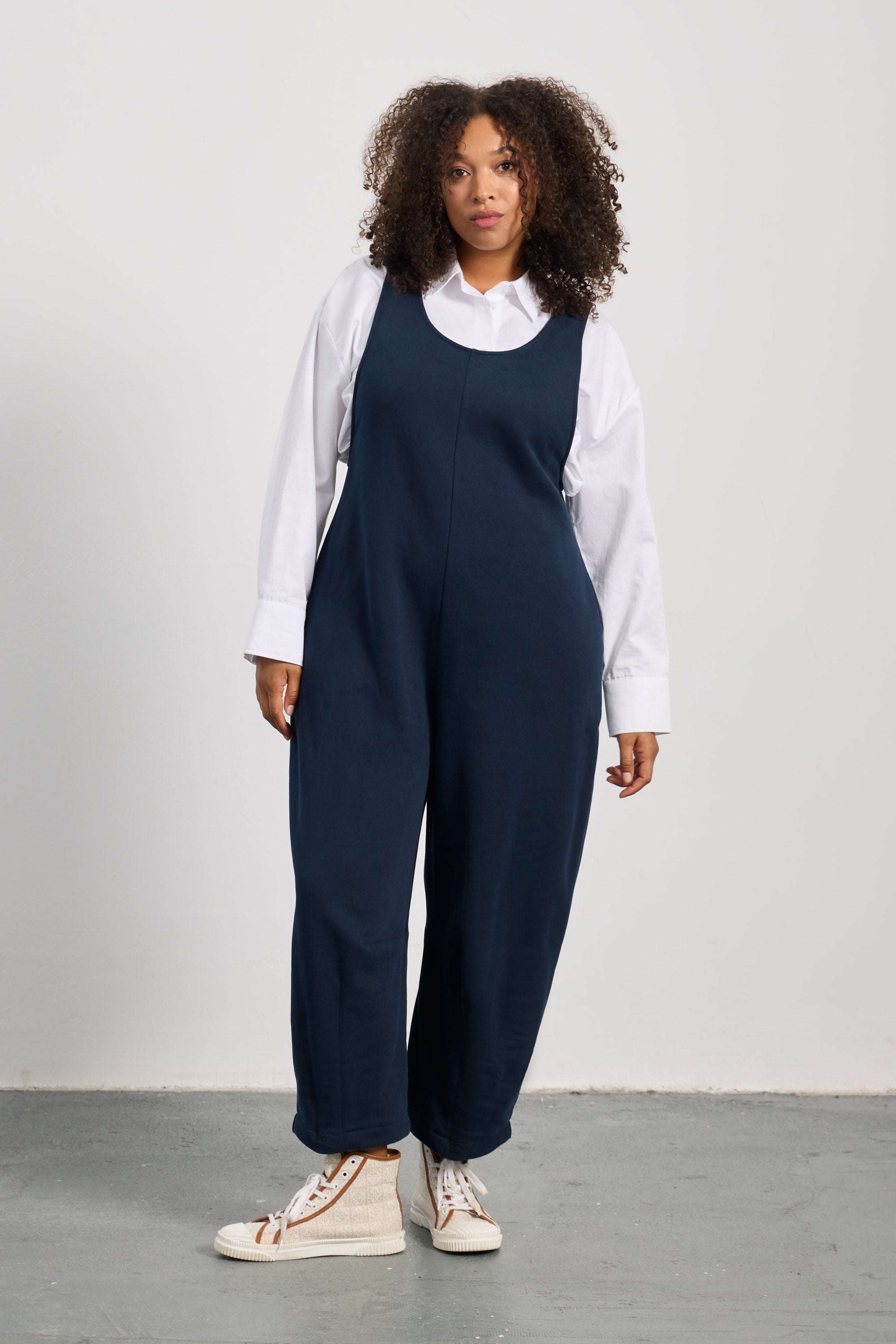 MORGANE Bisiklet Yaka %100 Pamuk Büyük Beden Askılı Tulum Lacivert