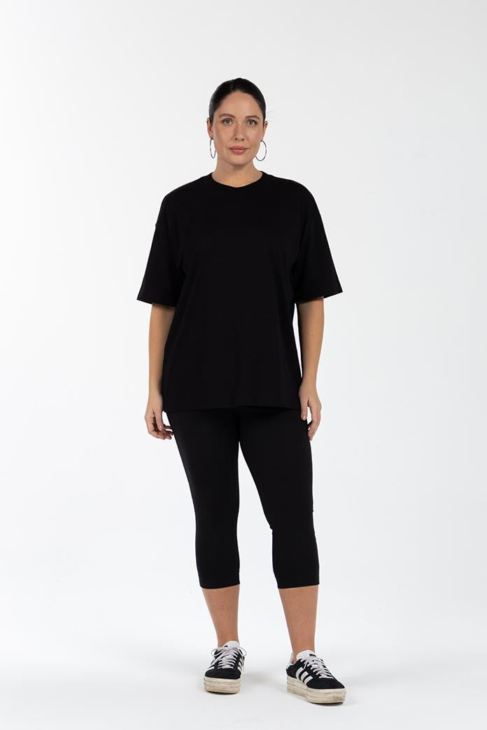 MORRIS Bisiklet Yaka Düşük Omuzlu %100 Organik Pamuk Büyük Beden T-shirt Siyah | Luokk