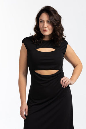 MYSTERY Vatkalı Pencere Detaylı Büyük Beden Midi Boy Asimetrik Elbise Siyah | Luokk