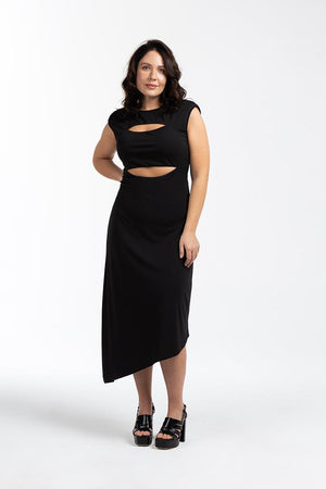 MYSTERY Vatkalı Pencere Detaylı Büyük Beden Midi Boy Asimetrik Elbise Siyah | Luokk