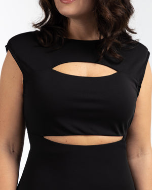 MYSTERY Vatkalı Pencere Detaylı Büyük Beden Midi Boy Asimetrik Elbise Siyah | Luokk