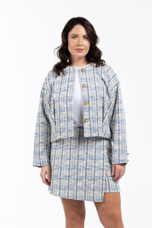 NILE Bisiket Yaka Pamuklu Büyük Beden Ekose Ceket Mavi | Luokk