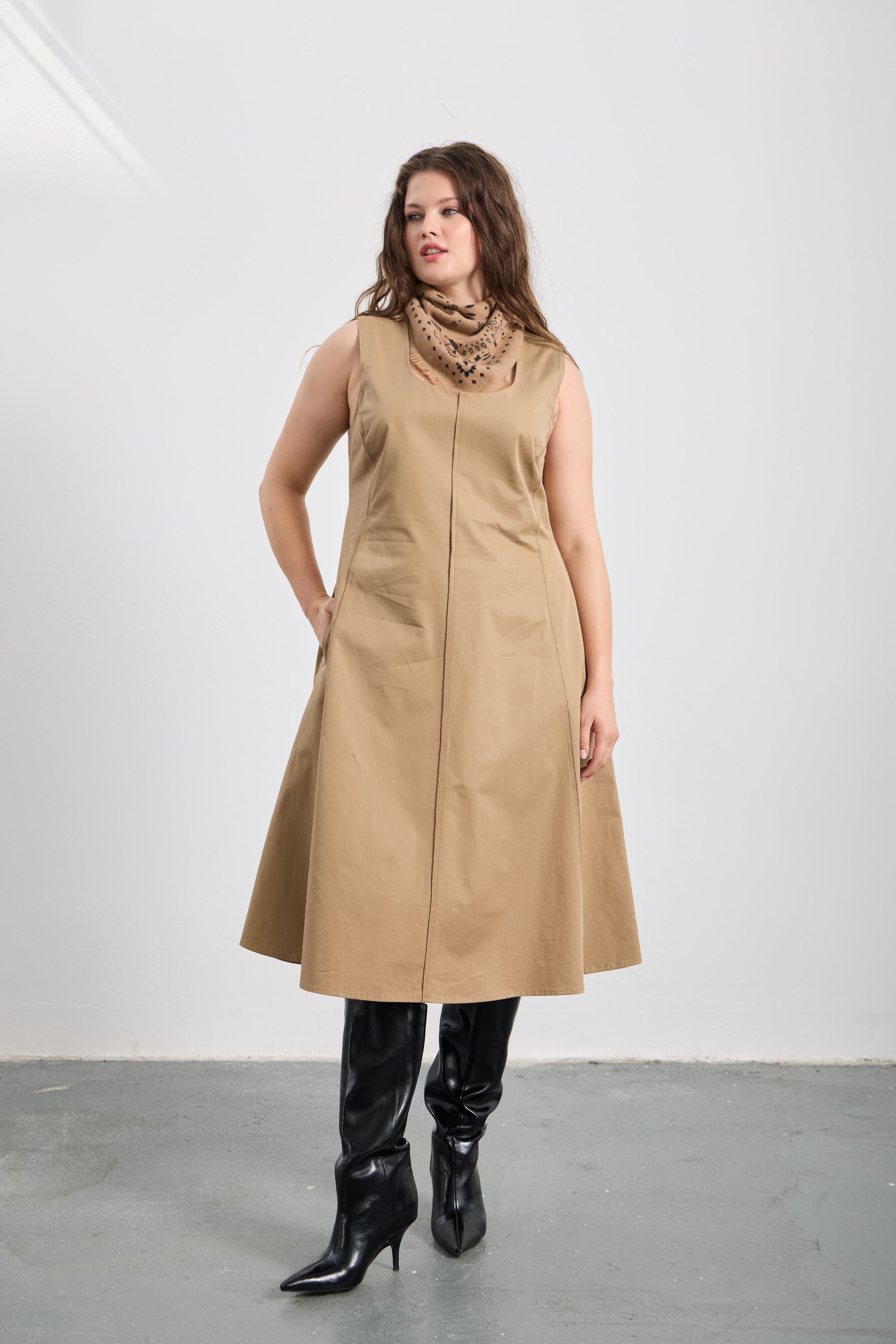 ORIA Gabardin Midi Elbise Camel