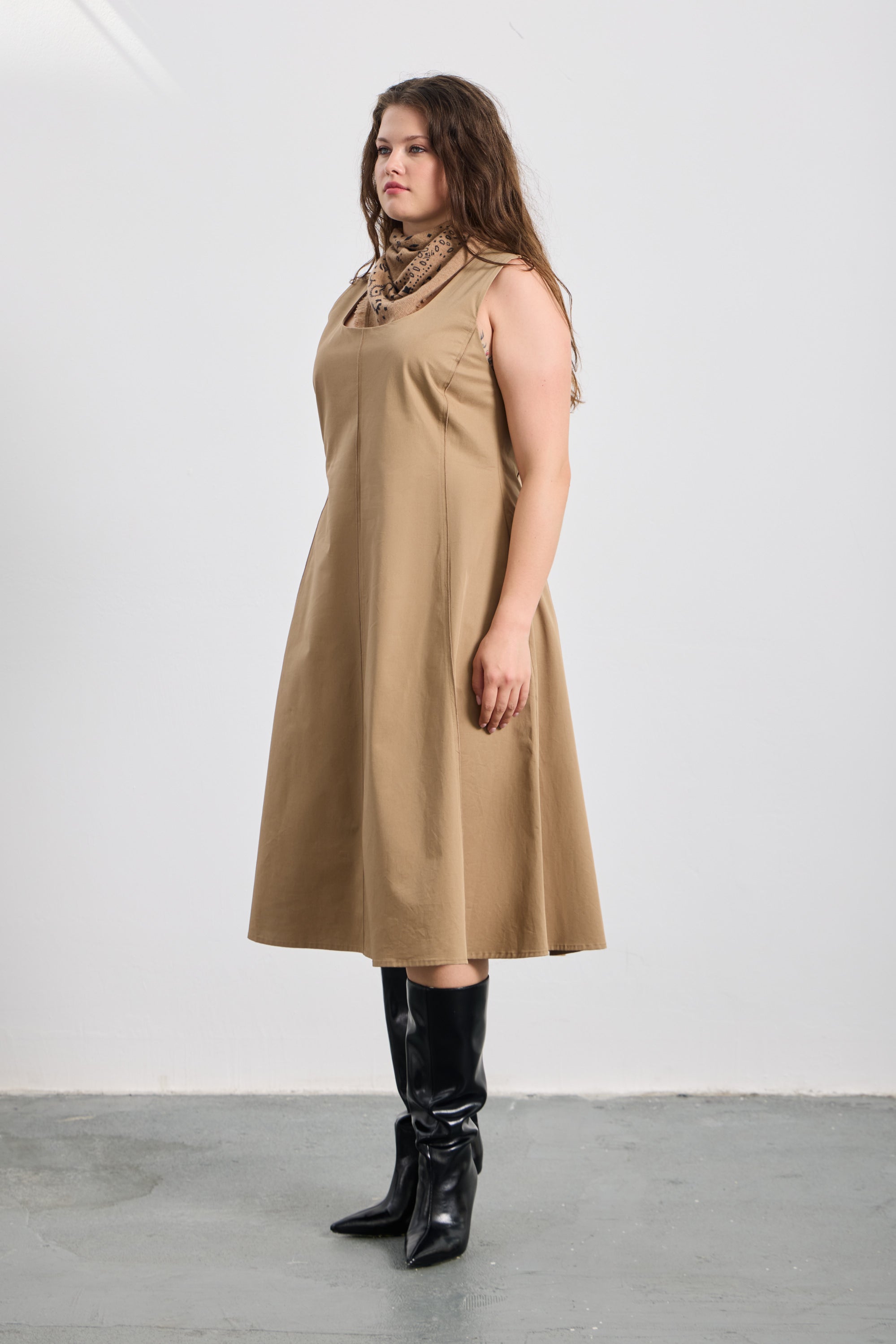 ORIA Gabardin Midi Elbise Camel