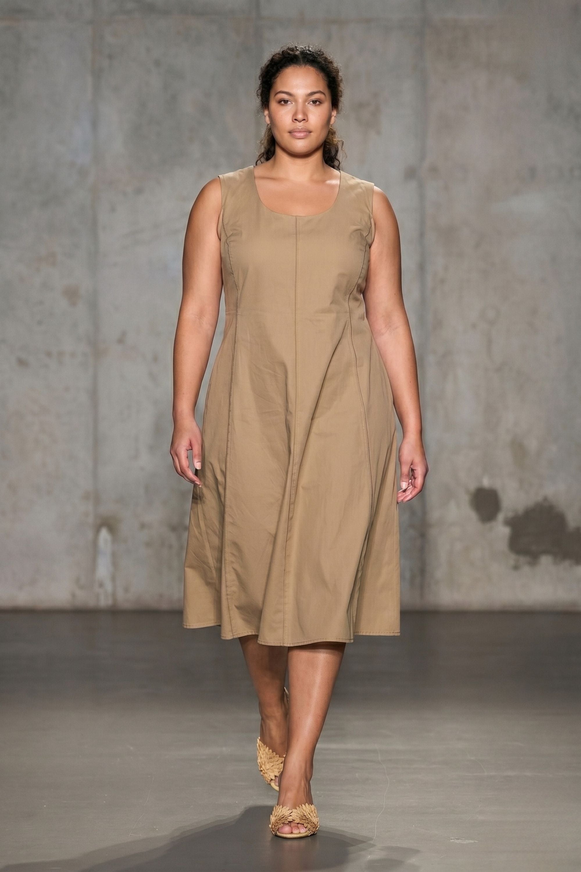 ORIA Gabardin Midi Elbise Camel
