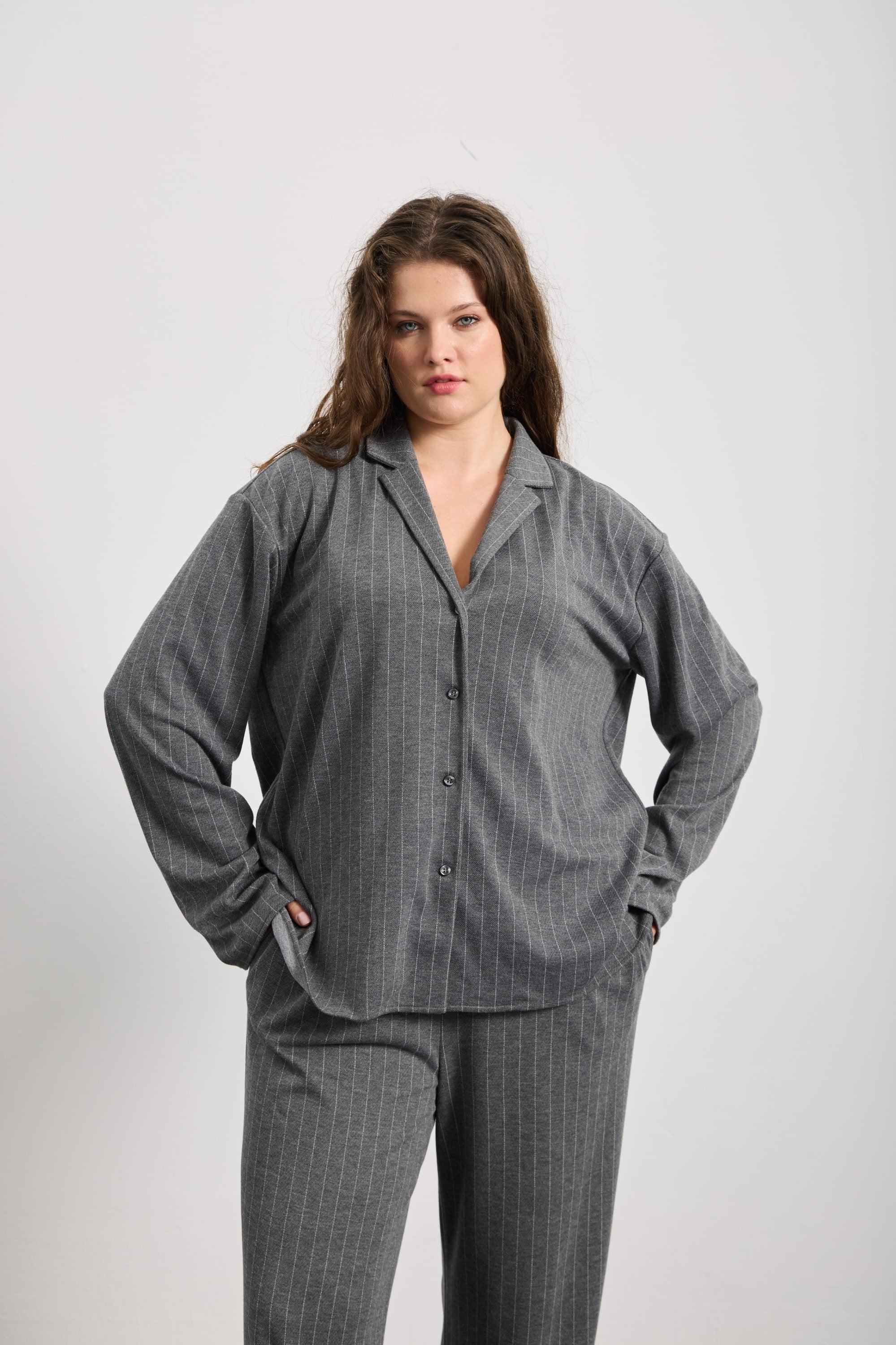 PEGASE Çizgili Örme Gömlek Gri-Beyaz Çizgili