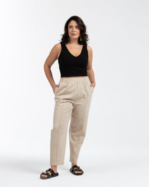 PIA Beli Lastikli Havuç Kesim Pamuklu Büyük Beden Keten Pantolon Bej | Luokk