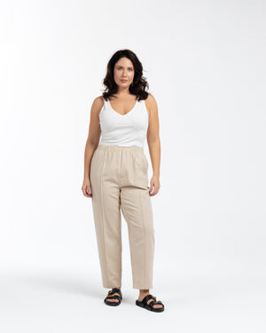 PIA Beli Lastikli Havuç Kesim Pamuklu Büyük Beden Keten Pantolon Bej | Luokk