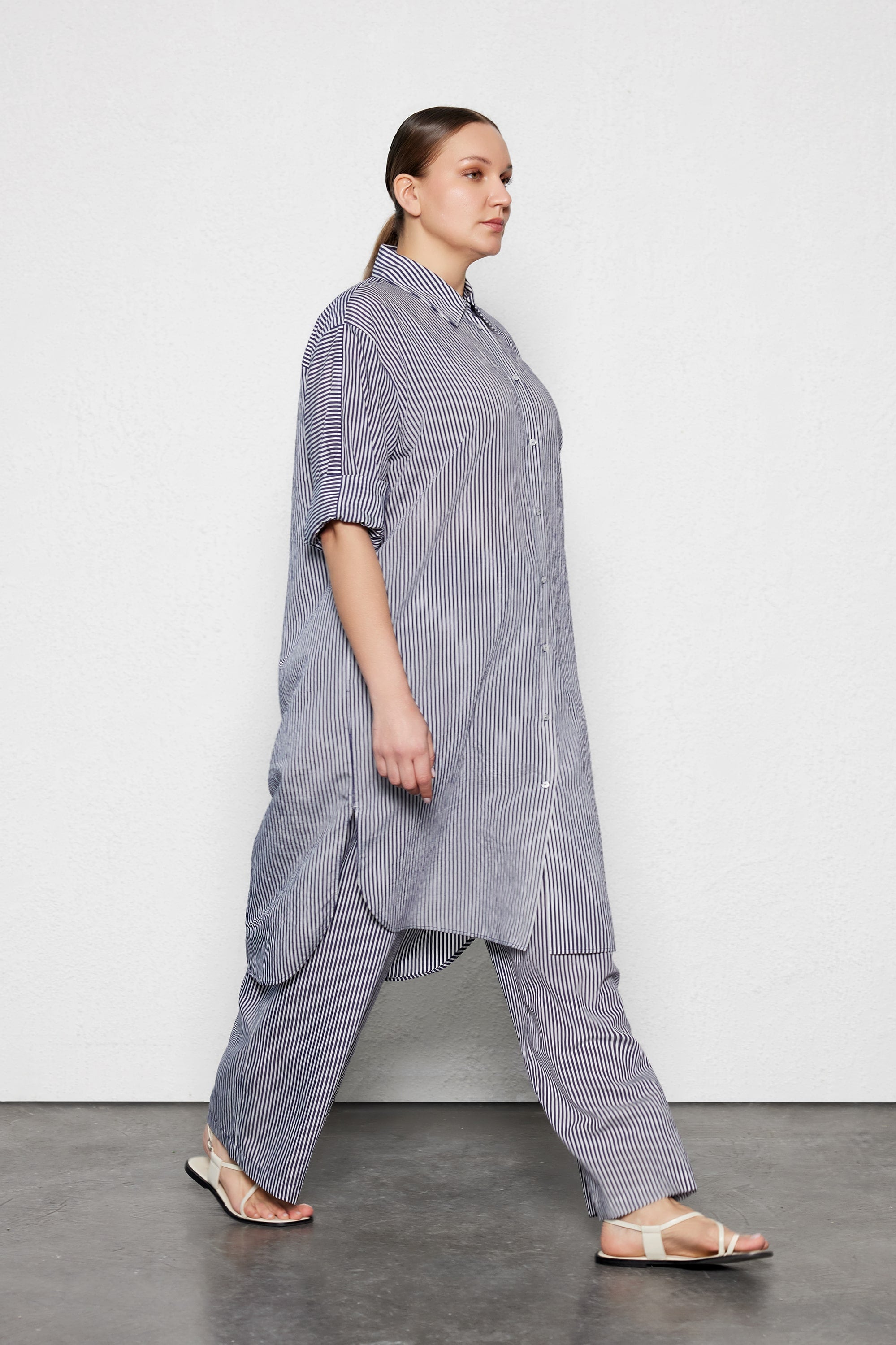 büyük beden çizgili midi gömlek