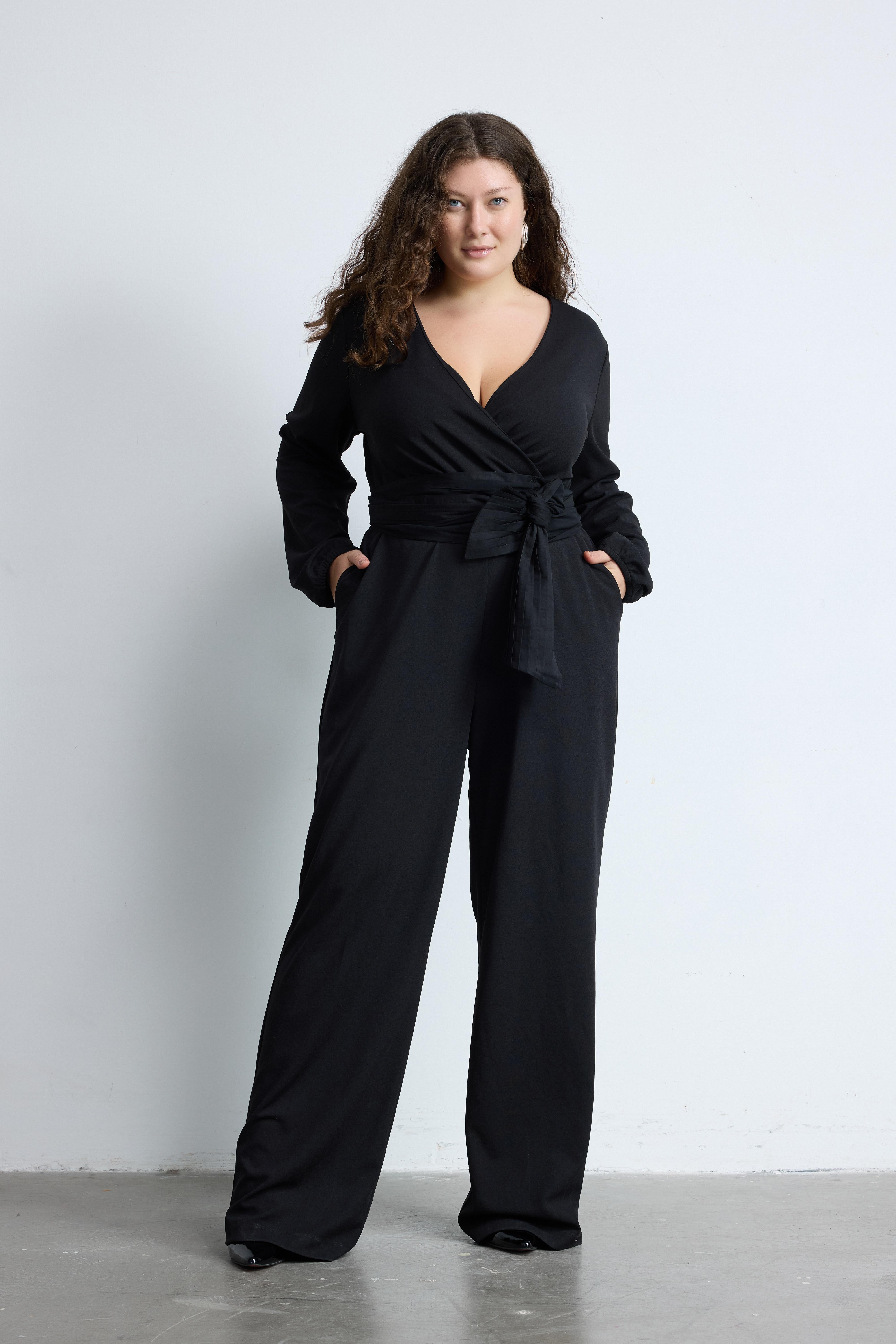 SANDIS V Yaka Çıkarılabilir Kemerli Geniş Paça Büyük Beden Tulum Siyah | Luokk