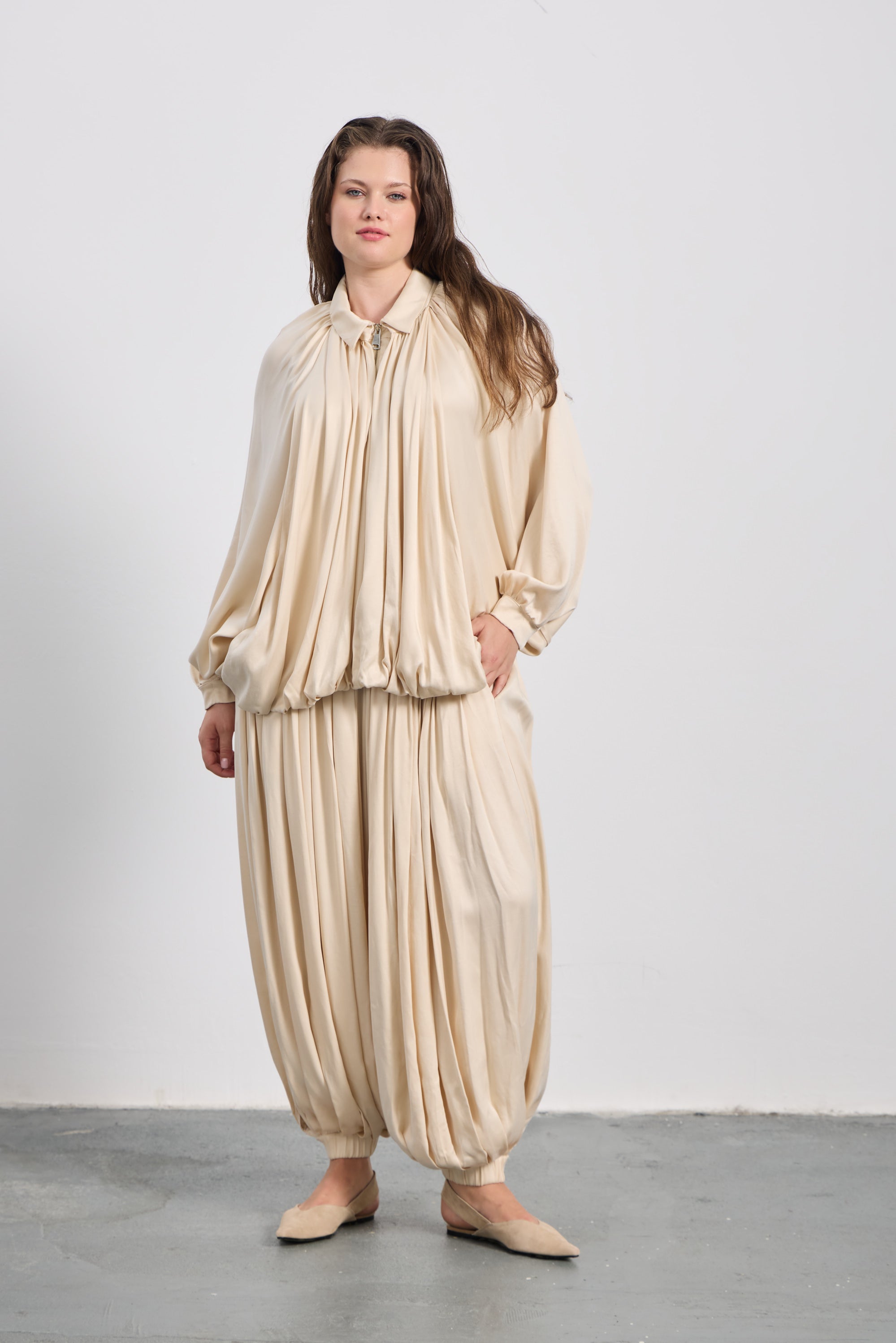 SERRES Saten Bomber Ceket Ekru