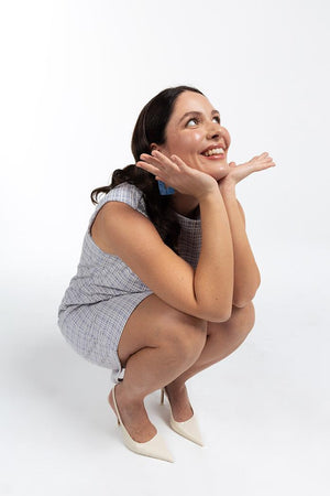 SIERRA Bisiklet Yaka Yırtmaçlı Pamuklu Büyük Beden Mini Ekose Elbise Mavi | Luokk