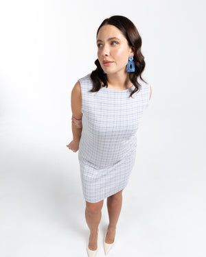 SIERRA Bisiklet Yaka Yırtmaçlı Pamuklu Büyük Beden Mini Ekose Elbise Mavi | Luokk