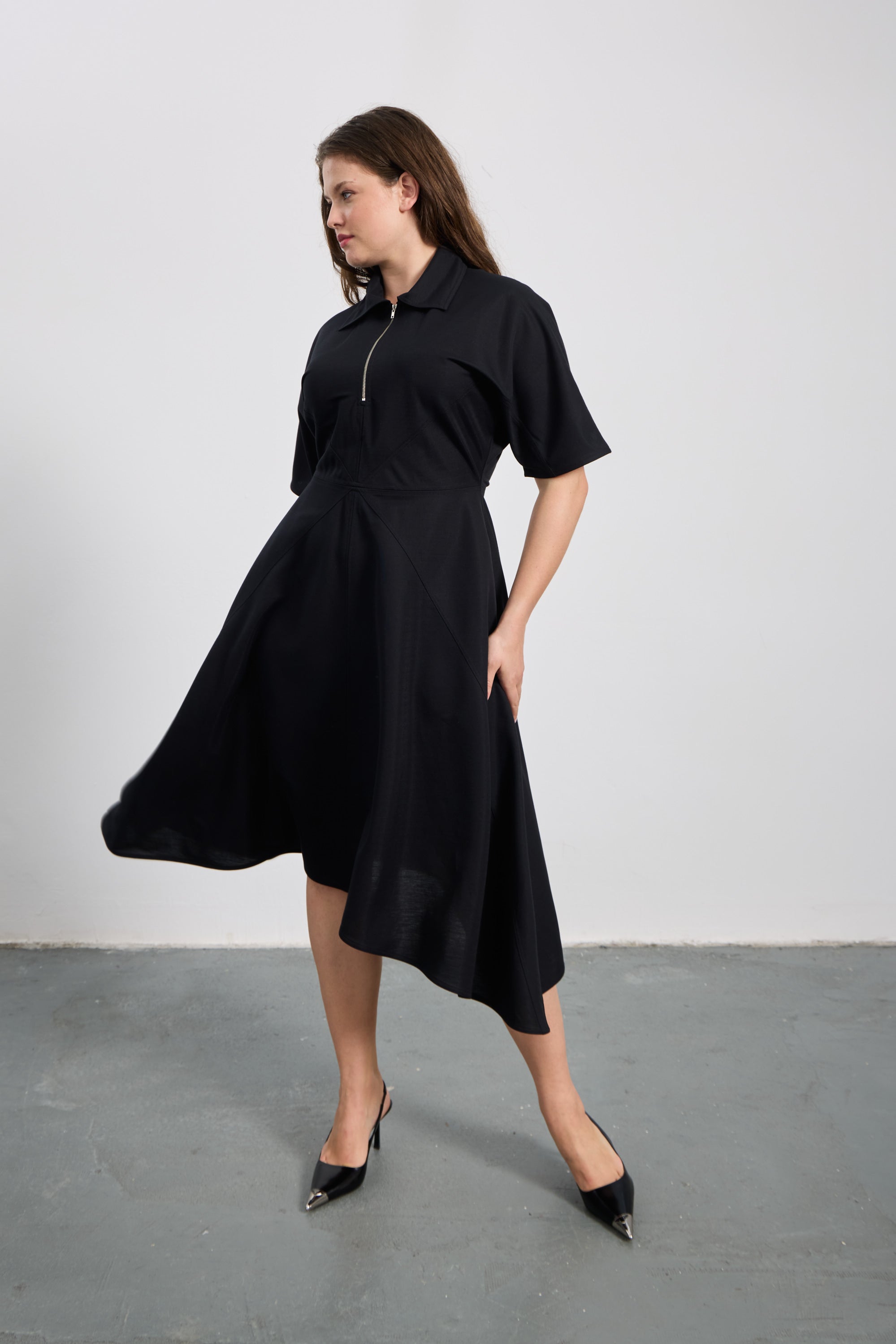 SOW Kuşgözlü Midi Gömlek Elbise Siyah