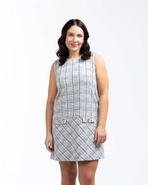 SUSAN Bisiklet Yaka Yırtmaçlı Düğme Detaylı Pamuklu Büyük Beden Mini Ekose Elbise Mavi | Luokk