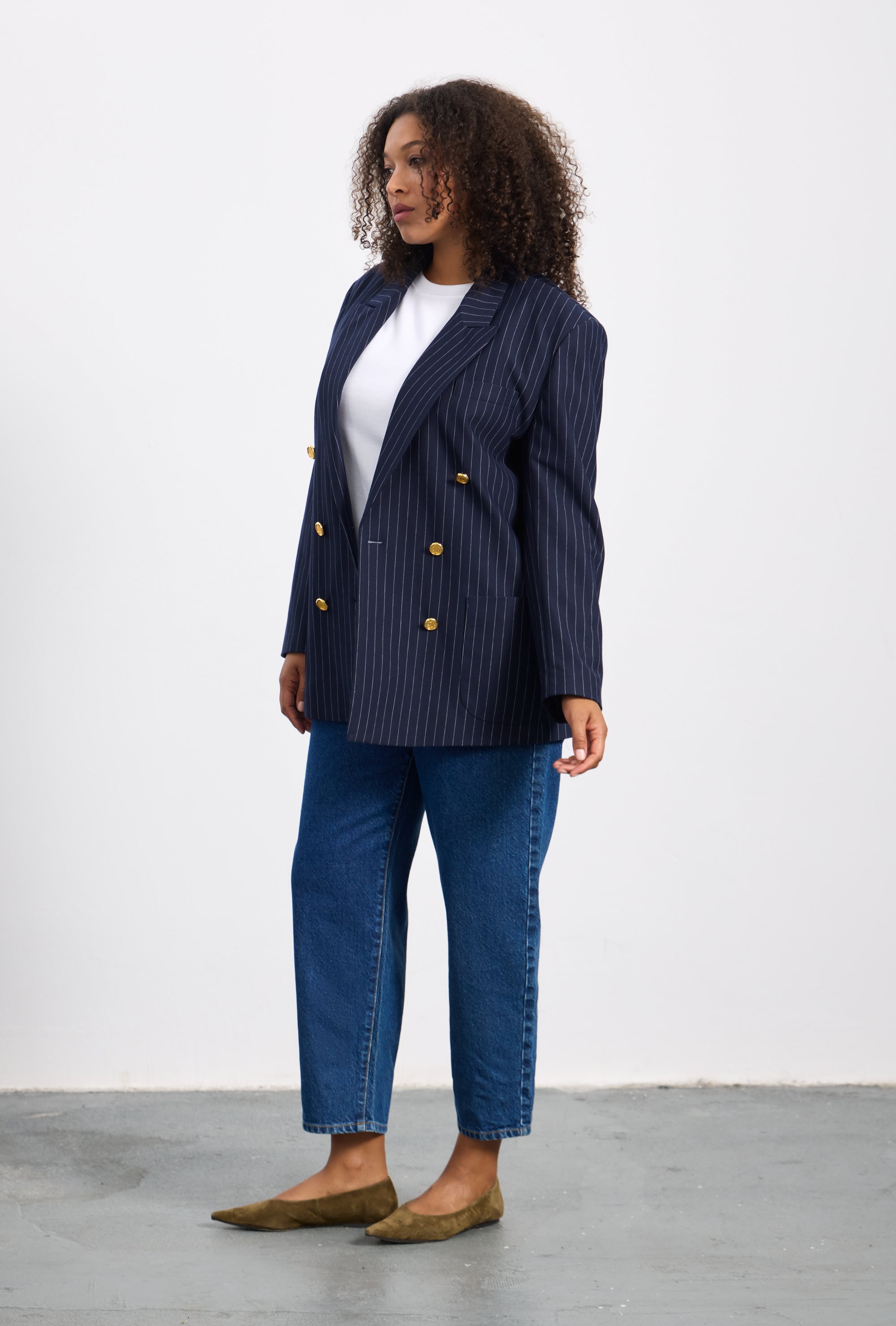 TAILOREDD Kruvaze Yaka Çizgili ceket Lacivert-Beyaz