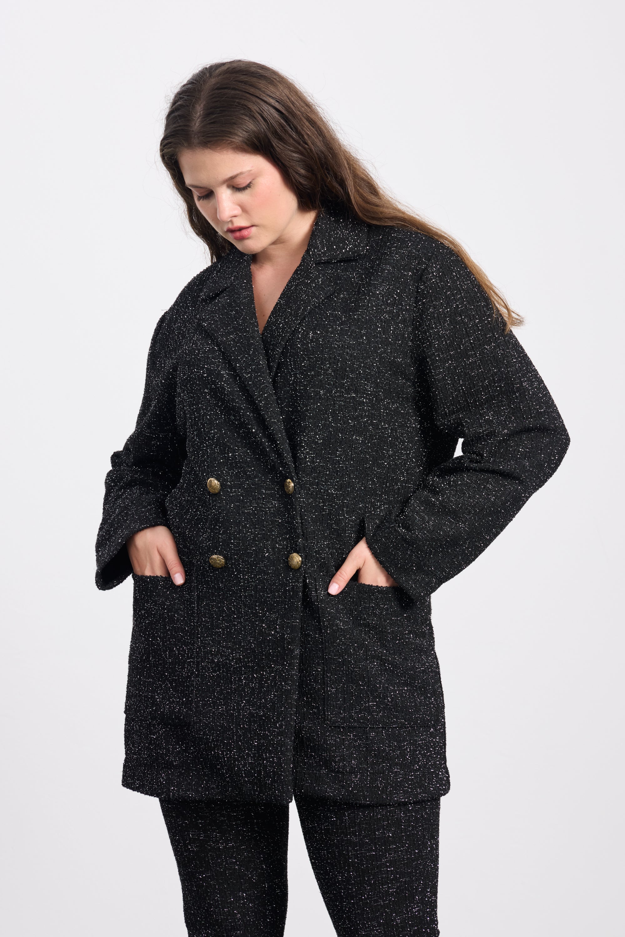 TRACEY Büyük Beden Siyah Kruvaze Tüvit Ceket Siyah