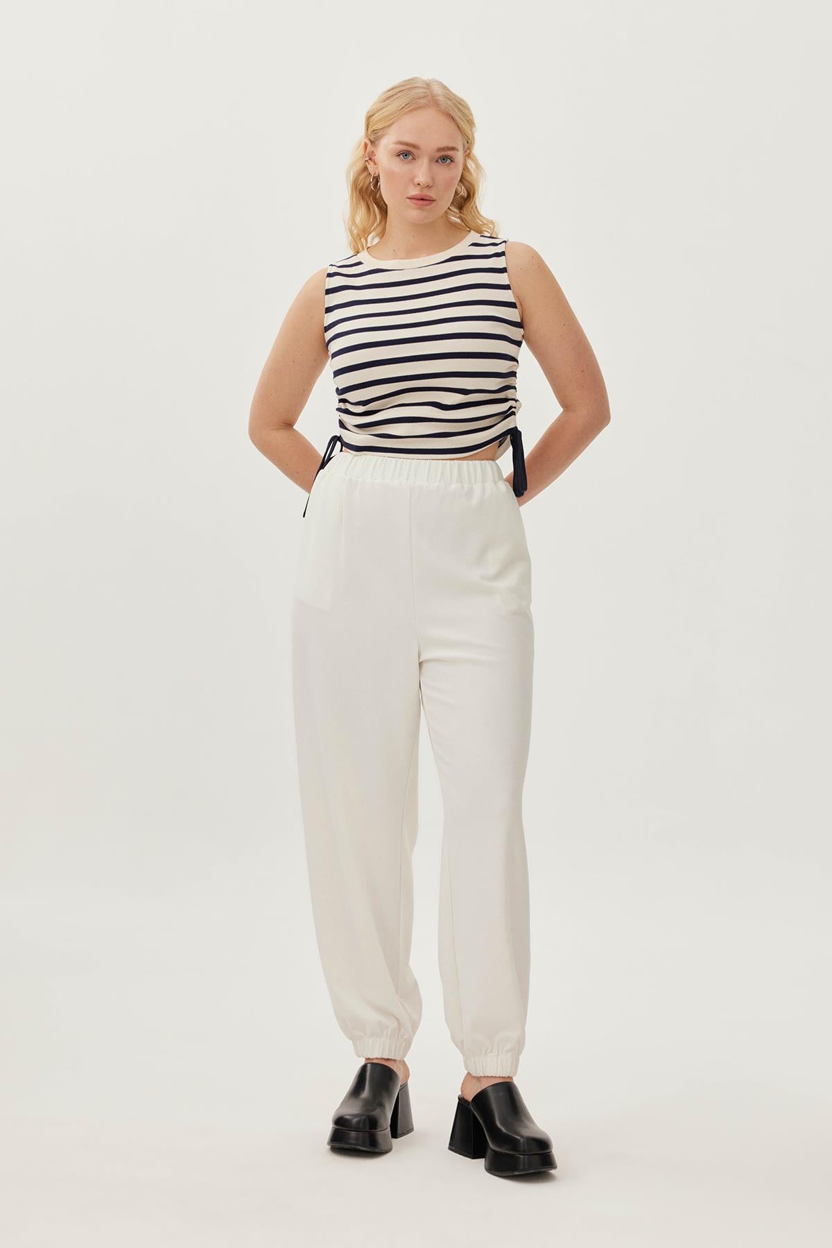 UNBOLT Büzgülü Pamuklu Büyük Beden Çizgili Kaşkorse Crop Top Ekru-Lacivert | Luokk