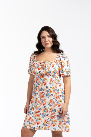 VALIENTE Kare Yaka Büzgü Detaylı Balon Kollu Büyük Beden Desenli Mini Elbise Ekru | Luokk