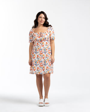 VALIENTE Kare Yaka Büzgü Detaylı Balon Kollu Büyük Beden Desenli Mini Elbise Ekru | Luokk