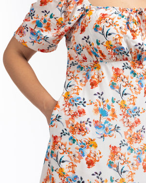 VALIENTE Kare Yaka Büzgü Detaylı Balon Kollu Büyük Beden Desenli Mini Elbise Ekru | Luokk