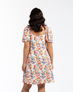 VALIENTE Kare Yaka Büzgü Detaylı Balon Kollu Büyük Beden Desenli Mini Elbise Ekru | Luokk