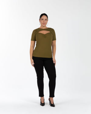 VANESSA Yuvarlak Yaka Göğüs Pencere Detaylı Büyük Beden Bluz Haki | Luokk