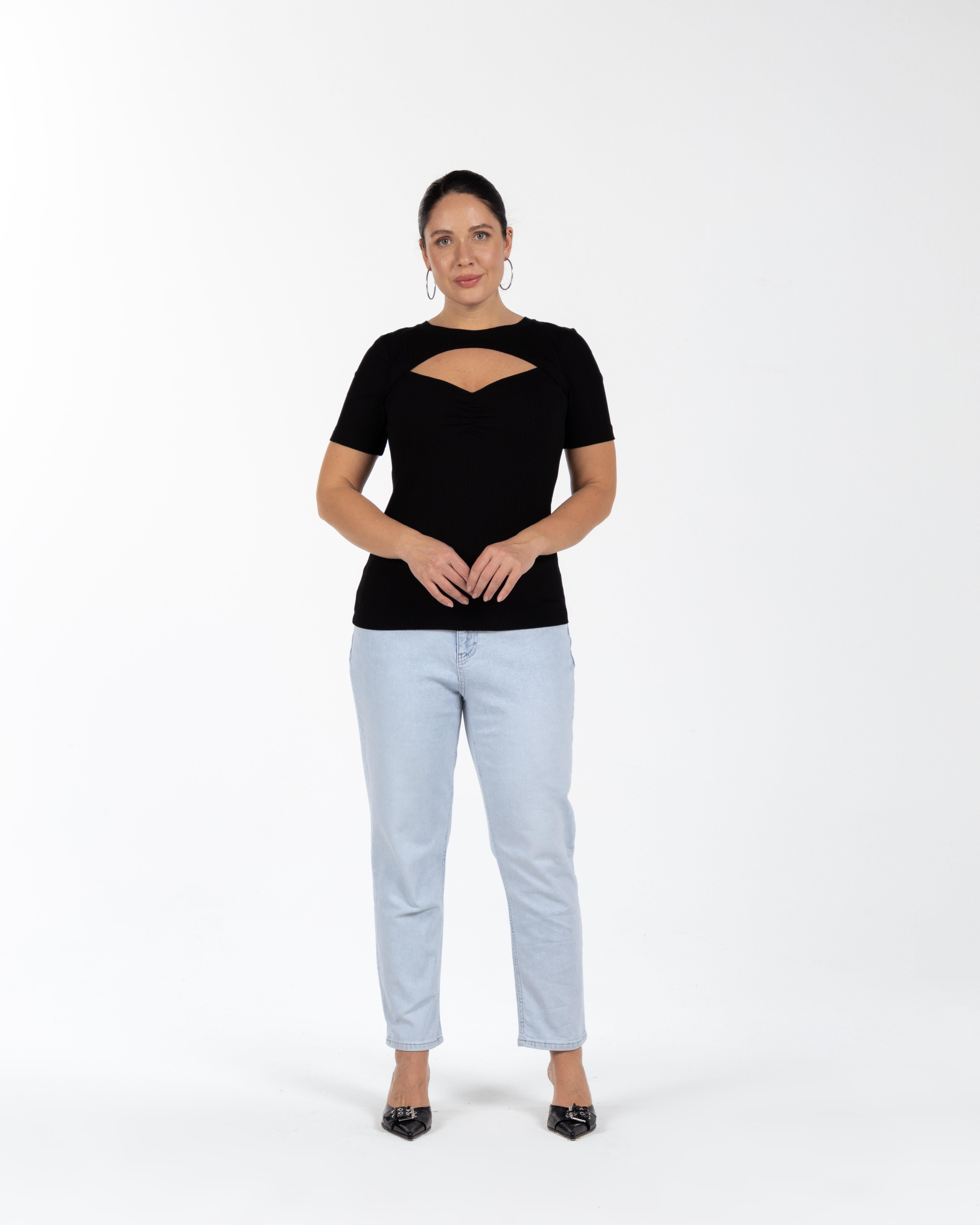 VANESSA Yuvarlak Yaka Göğüs Pencere Detaylı Büyük Beden Bluz Siyah | Luokk