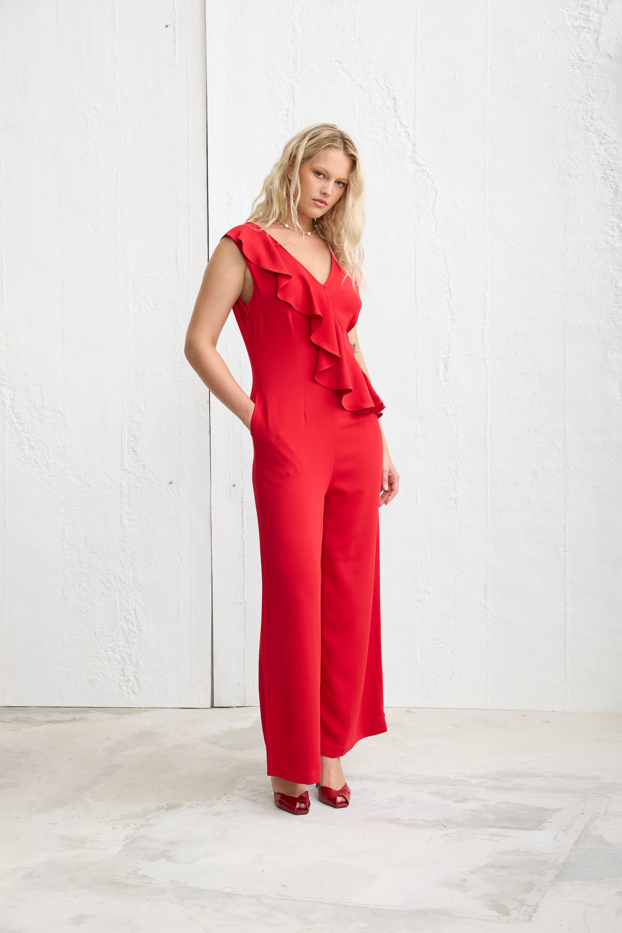 VISTI Fırfırlı Kalın Askılı Tulum Kırmızı