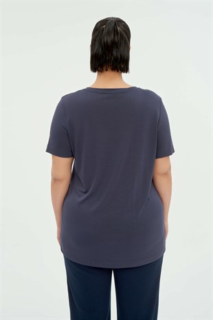 BLU V Yaka  Basic Kısa Kollu Kadın T-shirt